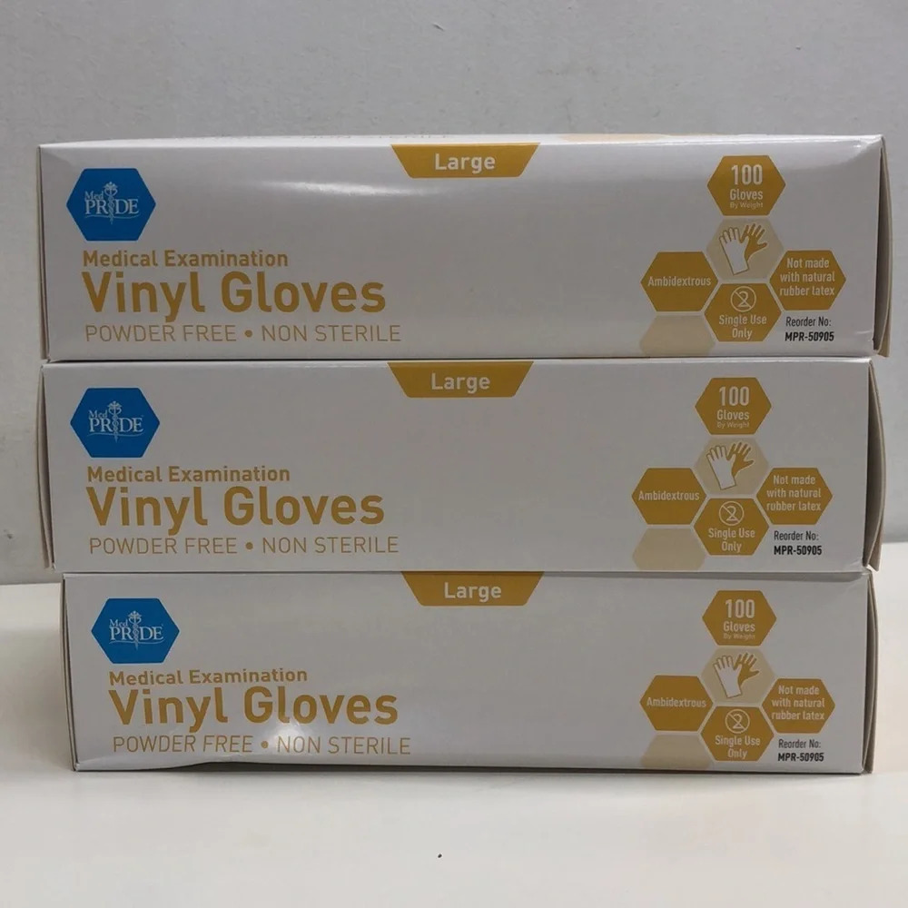 MEDPRIDE Powder-Free Vinyl Exam Gloves 100 Count Size Large Lot of 3